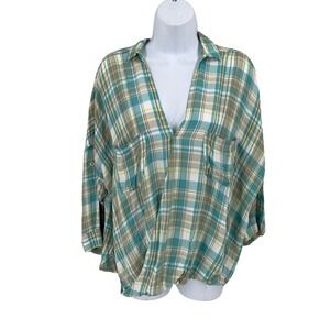 Holding Horses Blouse Womens 12 Teal Plaid Boho Western Surplice V-Neck Top